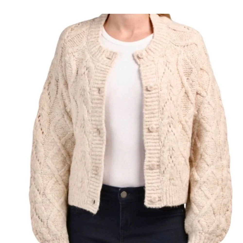 Lucky Brand Cozy Cable Knit Button Front Cardigan Cream size Medium cottage core - Picture 2 of 8